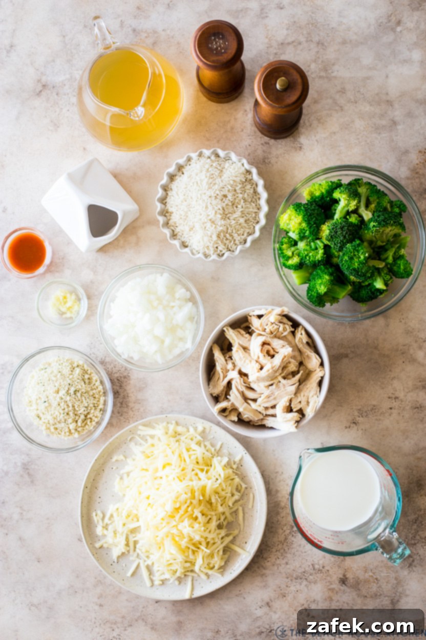 Creamy Chicken and Broccoli Rice Casserole 4 Overhead photo of ingredients for a chicken broccoli and rice dish