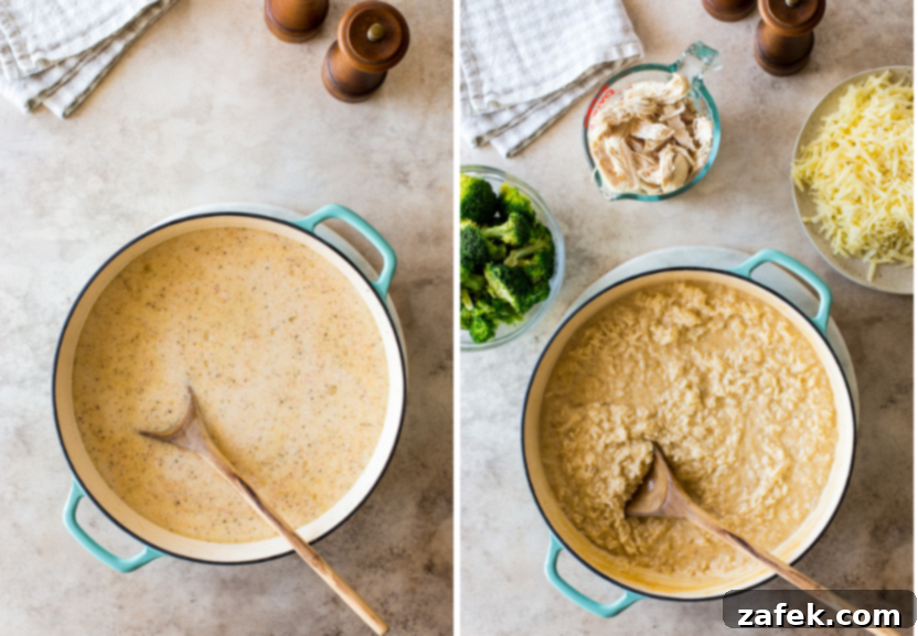 Creamy Chicken and Broccoli Rice Casserole 6 Diptich of a cast iron baking dish filled with a creamy cheese sauce and a skillet with a rice and a creamy cheese sauce