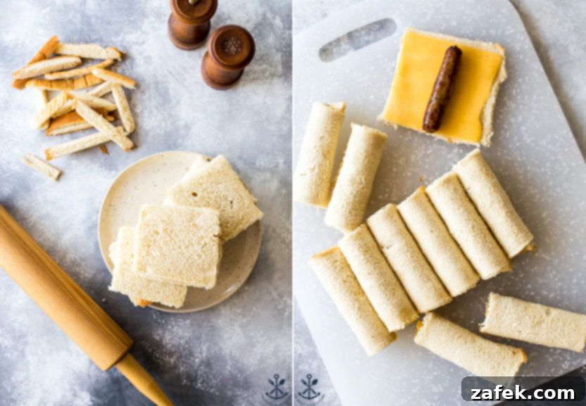Diptich of ingredients for French Toast stuffed with sausage and cheese, highlighting the preparation steps for this easy breakfast recipe