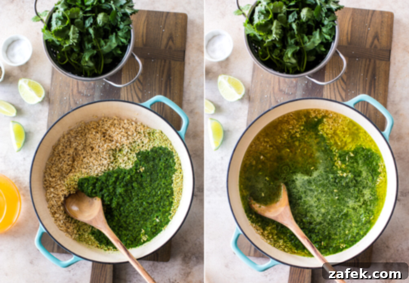 Diptych showing two stages of cooking Arroz Verde: left image shows raw rice being stirred with the green pepper mixture in a skillet; right image shows the rice, pepper mixture, and vegetable broth simmering together.