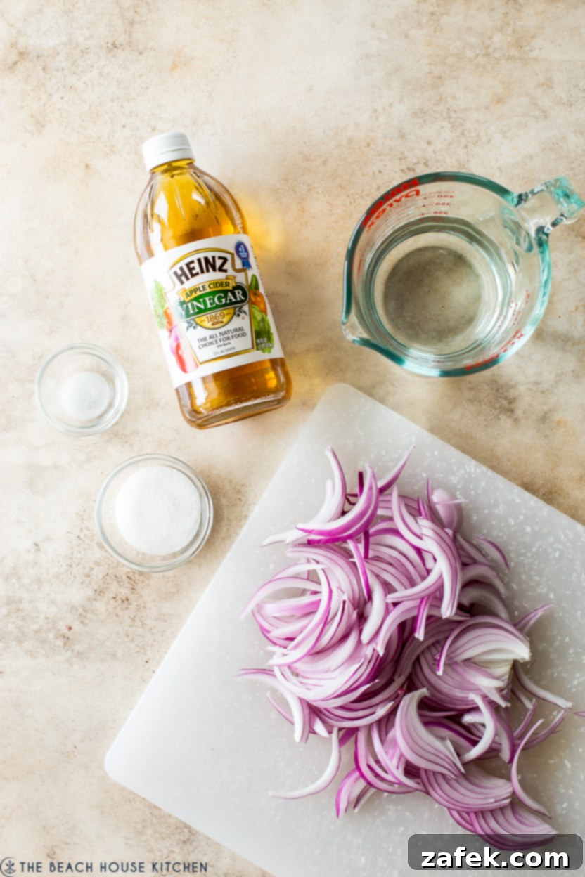 Overhead photo of fresh ingredients for pickled red onions: thinly sliced red onion, apple cider vinegar, granulated sugar, salt, and water