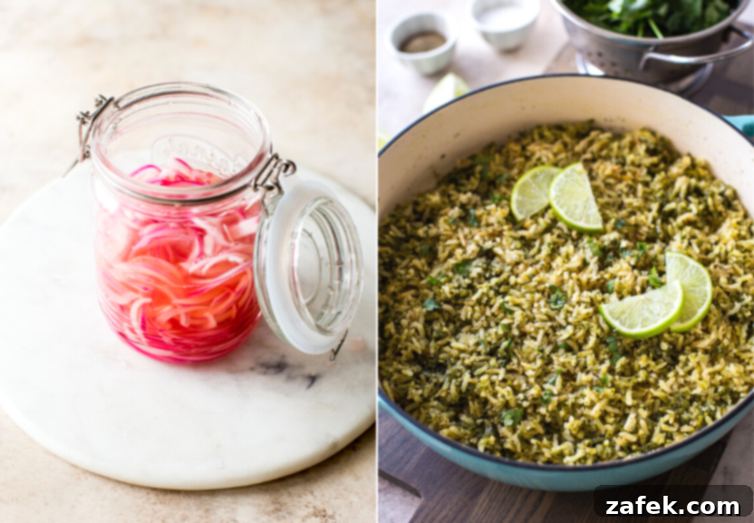 Two separate photos: one features a glass jar filled with vibrant pink pickled red onions, the other shows a bowl of fluffy, green Mexican arroz verde.