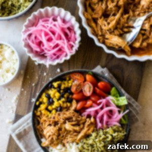 Overhead photo of a honey chipotle chicken bowl, showcasing its colorful ingredients.