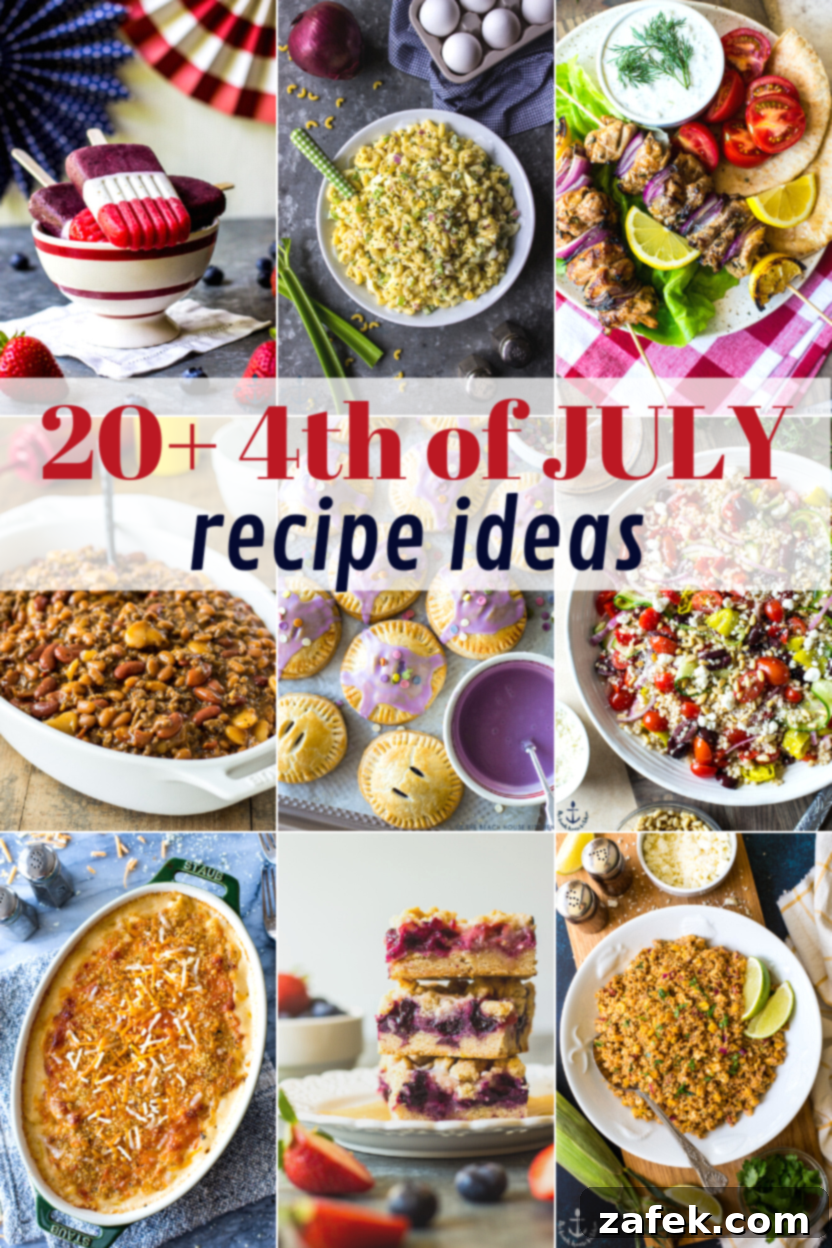 Red, White & Delicious: 20+ Fourth of July Recipes 2 A vibrant collage showcasing various 4th of July recipe ideas, including grilled chicken skewers, berry desserts, and refreshing salads, perfect for summer celebrations.