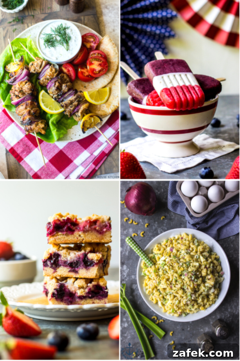 Red, White & Delicious: 20+ Fourth of July Recipes 3 Another enticing collage of 4th of July food, featuring a mix of savory and sweet dishes like grilled items, berry tarts, and refreshing drinks, all ready for a festive gathering.