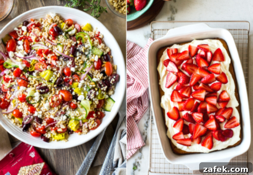 Red, White & Delicious: 20+ Fourth of July Recipes 4 A two-part image showing a vibrant Greek Couscous Salad on one side and a delicious strawberry-topped sheet cake on the other, both perfect for summer entertaining.