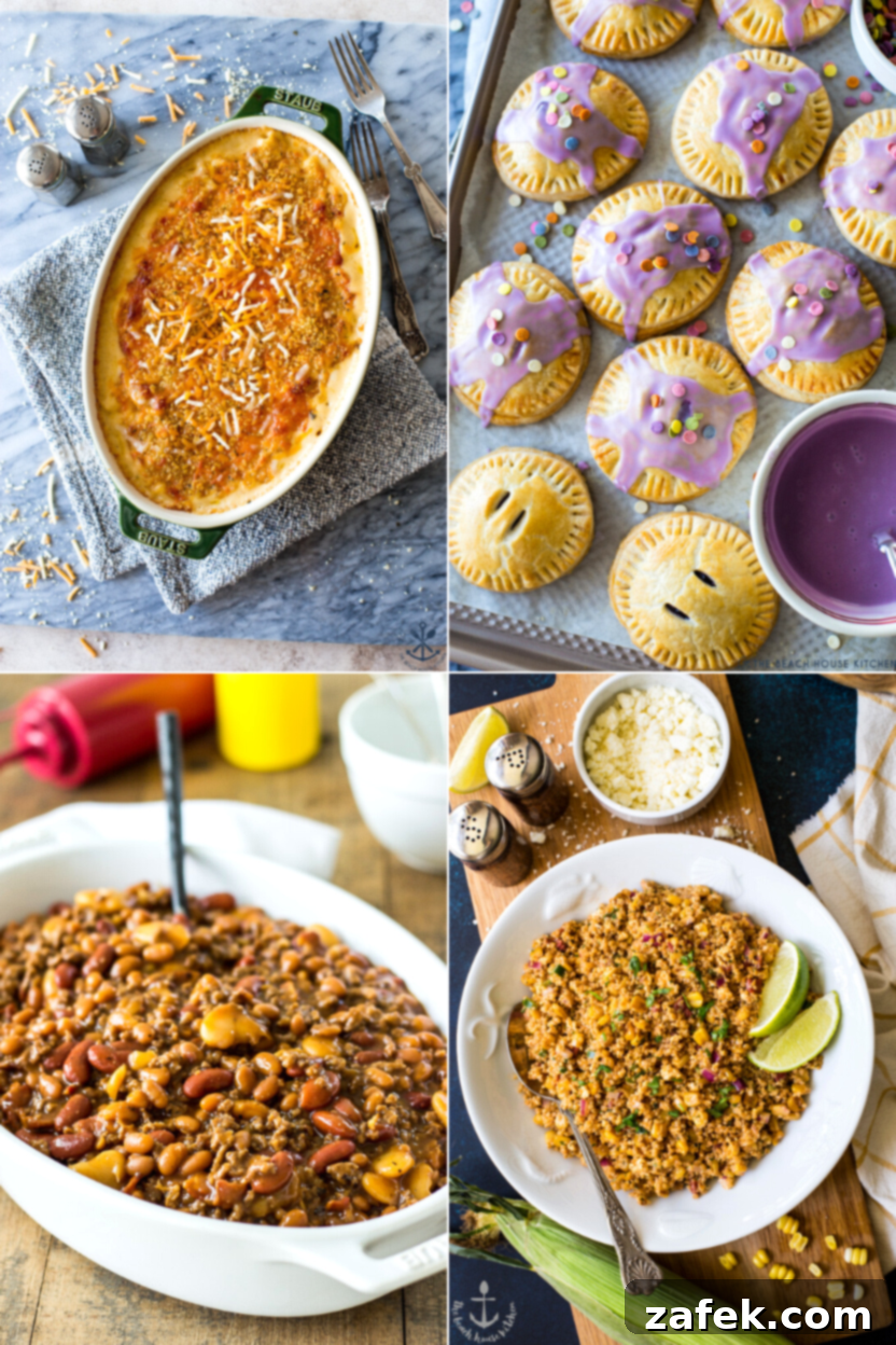 Red, White & Delicious: 20+ Fourth of July Recipes 5 Another eye-catching collage of 4th of July recipe ideas, featuring comfort foods like mac n' cheese, alongside fruity hand pies and hearty casseroles, all ready for a holiday spread.