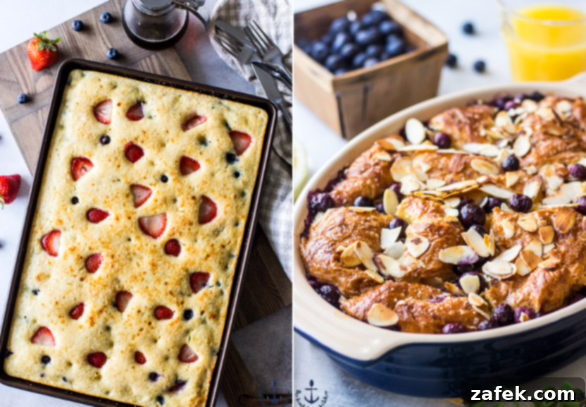 Red, White & Delicious: 20+ Fourth of July Recipes 9 A two-part image displaying Berry Buttermilk Sheet Pan Pancakes on one side and a decadent Blueberry Croissant Bread Pudding on the other, both perfect for a festive brunch.