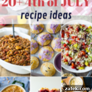 Red, White & Delicious: 20+ Fourth of July Recipes 10 Long Pinterest pin featuring the '20+ 4th of July Recipe Ideas' title with a collage of delicious food