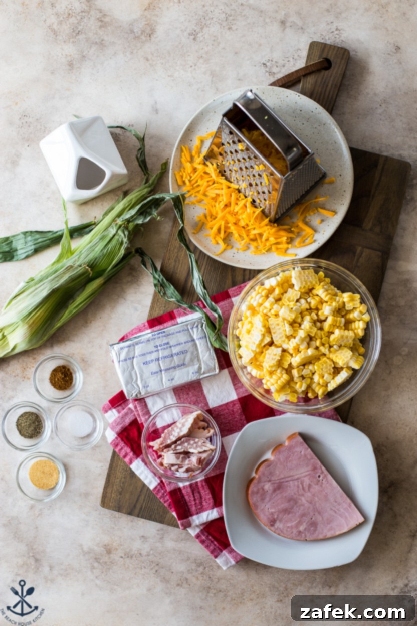 Overhead photo of ingredients for Kansas City-Style Corn dish on a wooden board