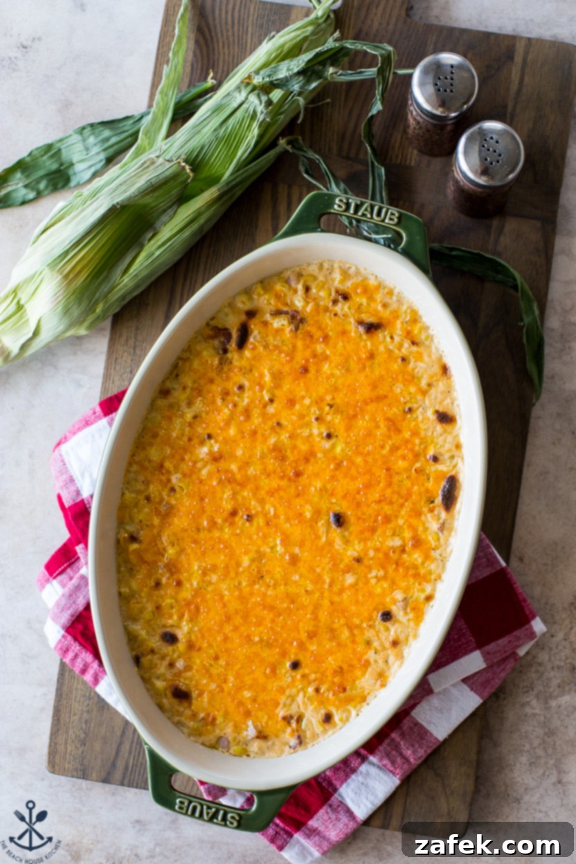 Overhead photo of a baking dish of cheesy corn