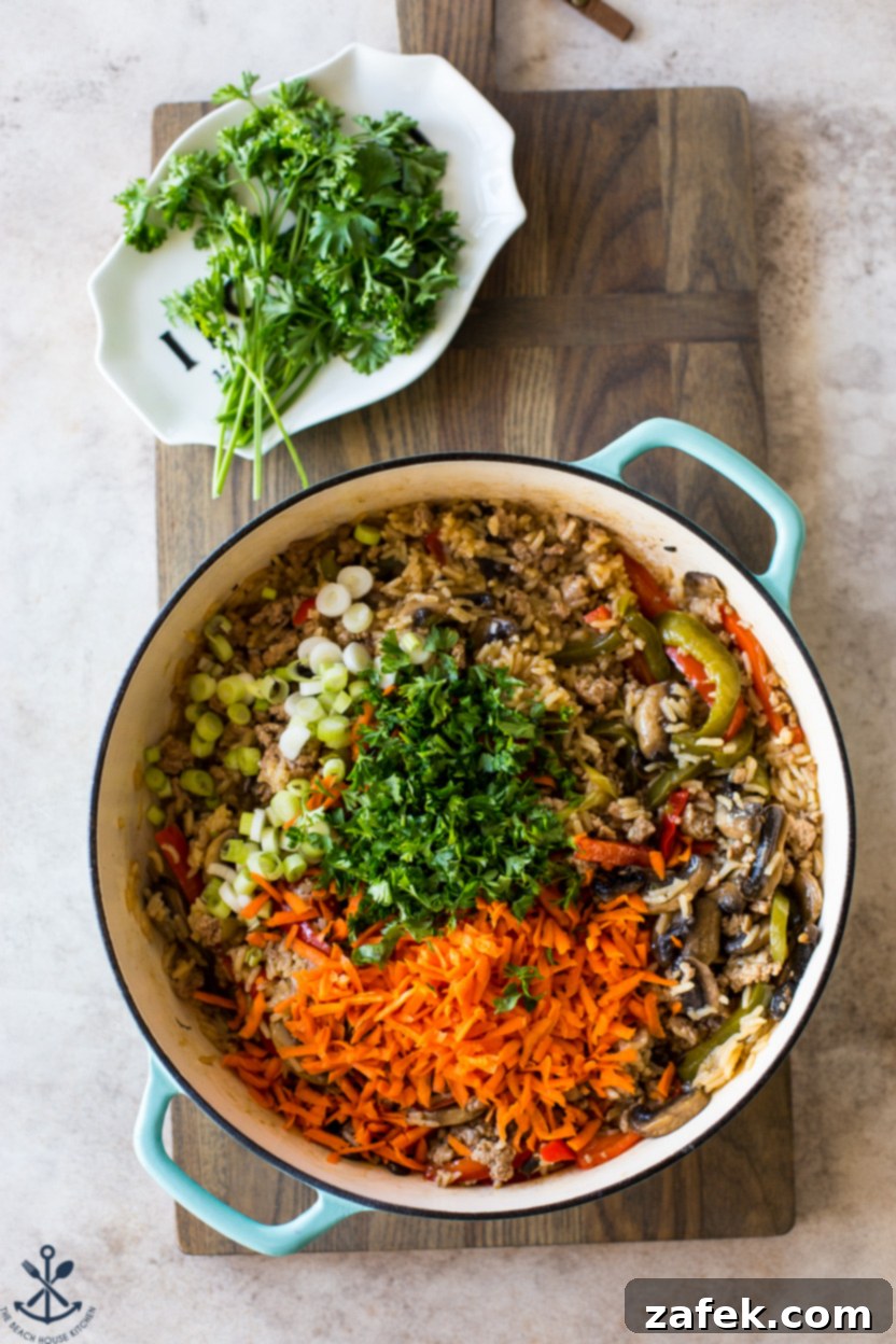Zesty One-Pan Thai Pork Stir-Fry 7 Overhead photo of a dish filled with ingredients for a stir-fry