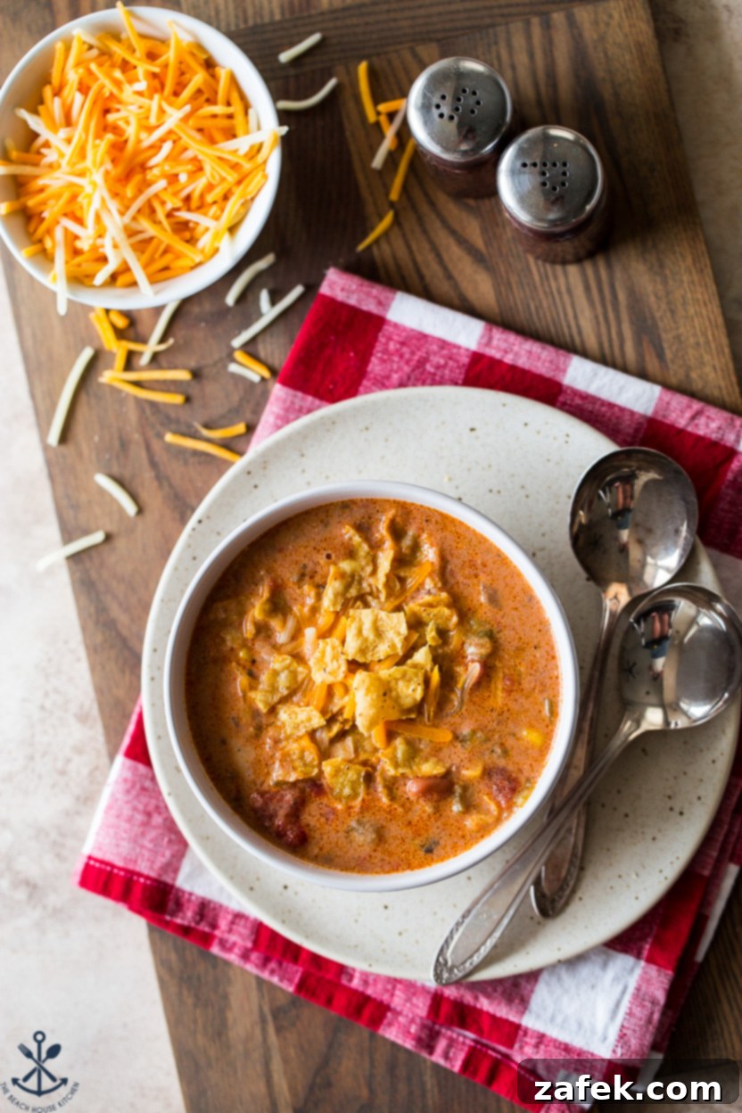 Overhead photo of a bowl of beef enchilada soup
