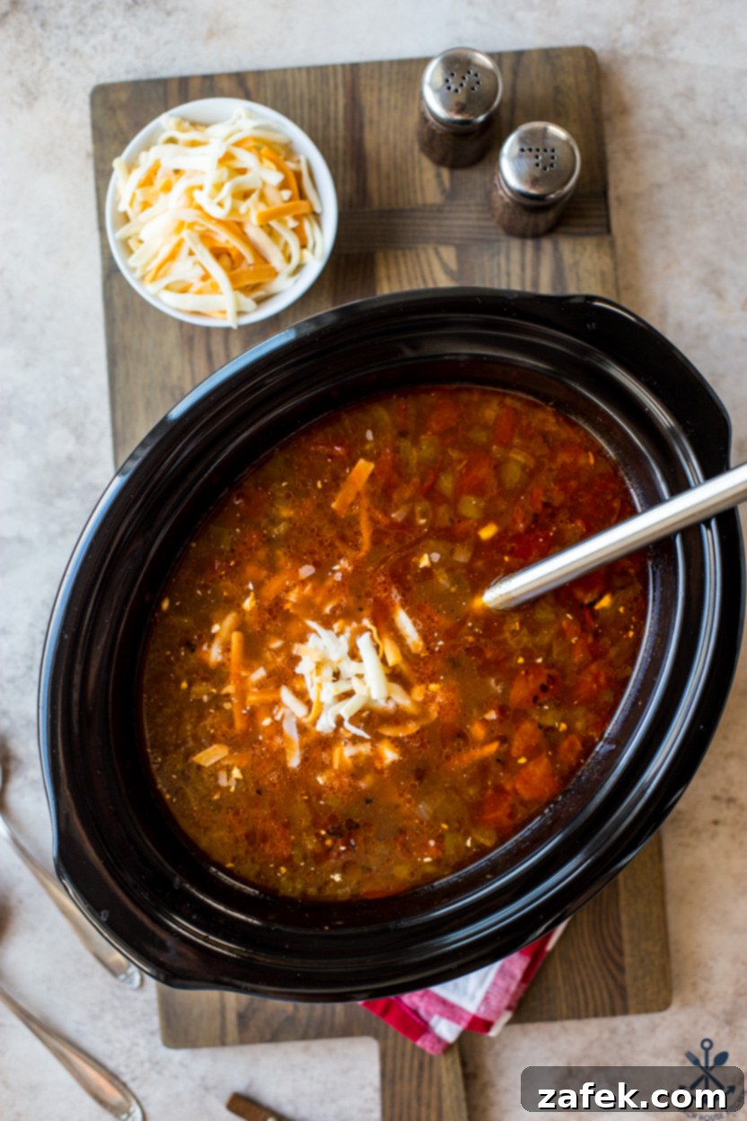 Overhead photo of a slow cooker of beef enchilada soup