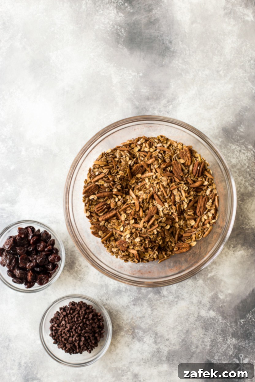 Cherry Chocolate Crunch 5 Overhead photo of a bowl of a dried oat mixture and separate bowls of dried cherries and mini chocolate chips