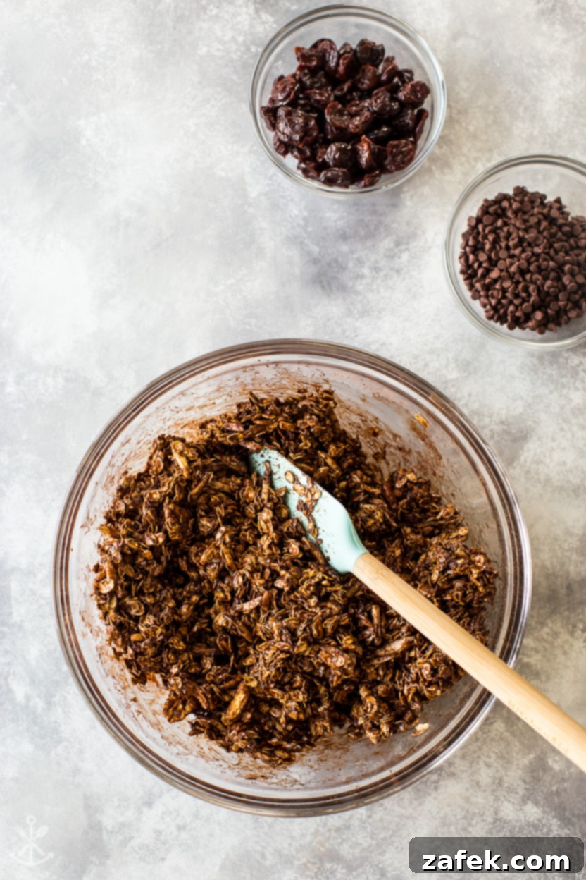 Cherry Chocolate Crunch 6 Overhead photo of a bowl of pre-baked granola ready for cherries and chocolate chips, with separate bowls of the dried fruits and chocolate