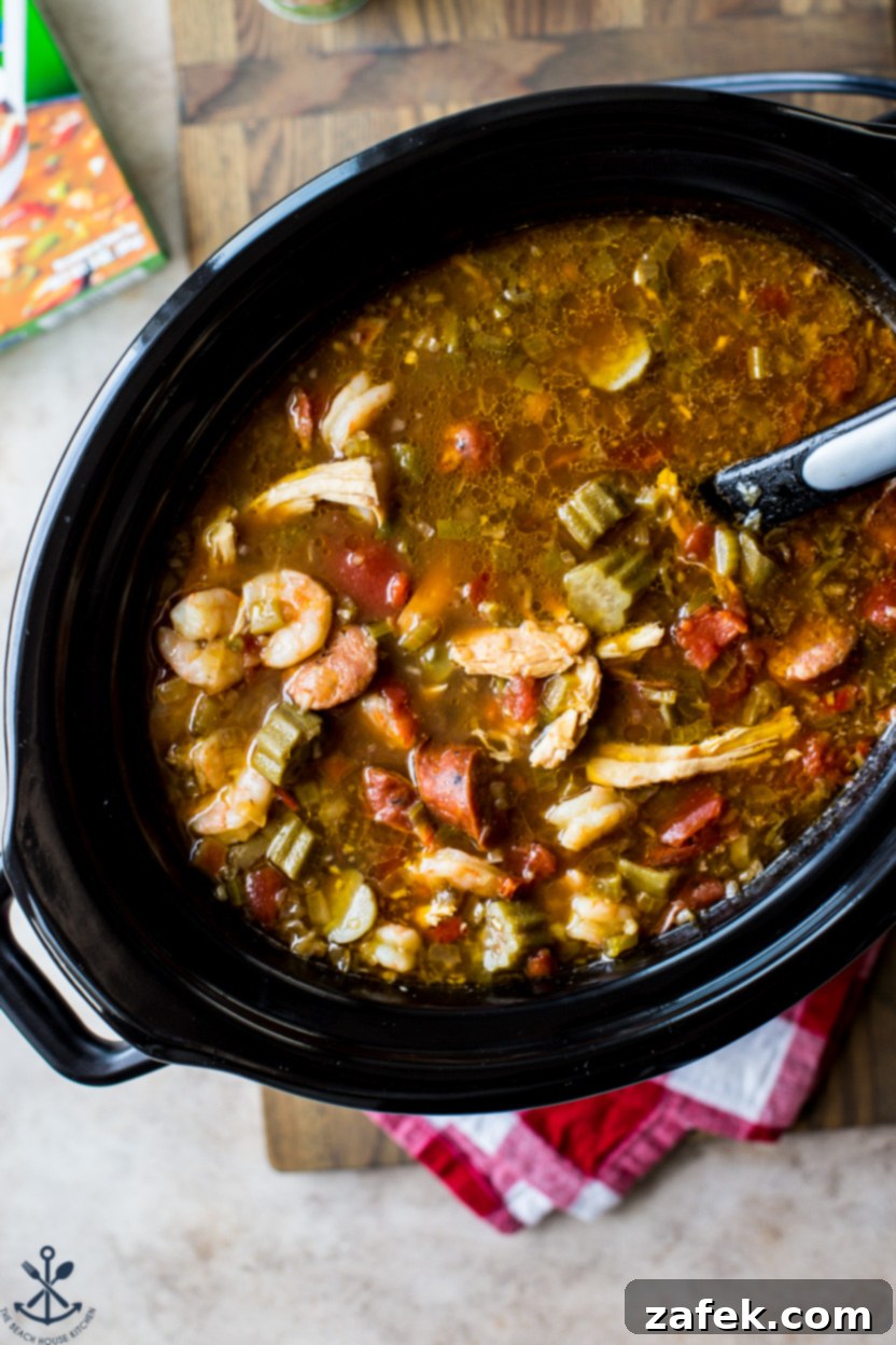 Overhead photo of a slow cooker filled with gumbo