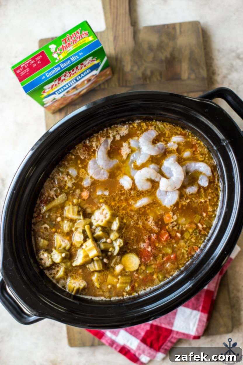 Overhead photo of a slow cooker filled with pre-cooked gumbo