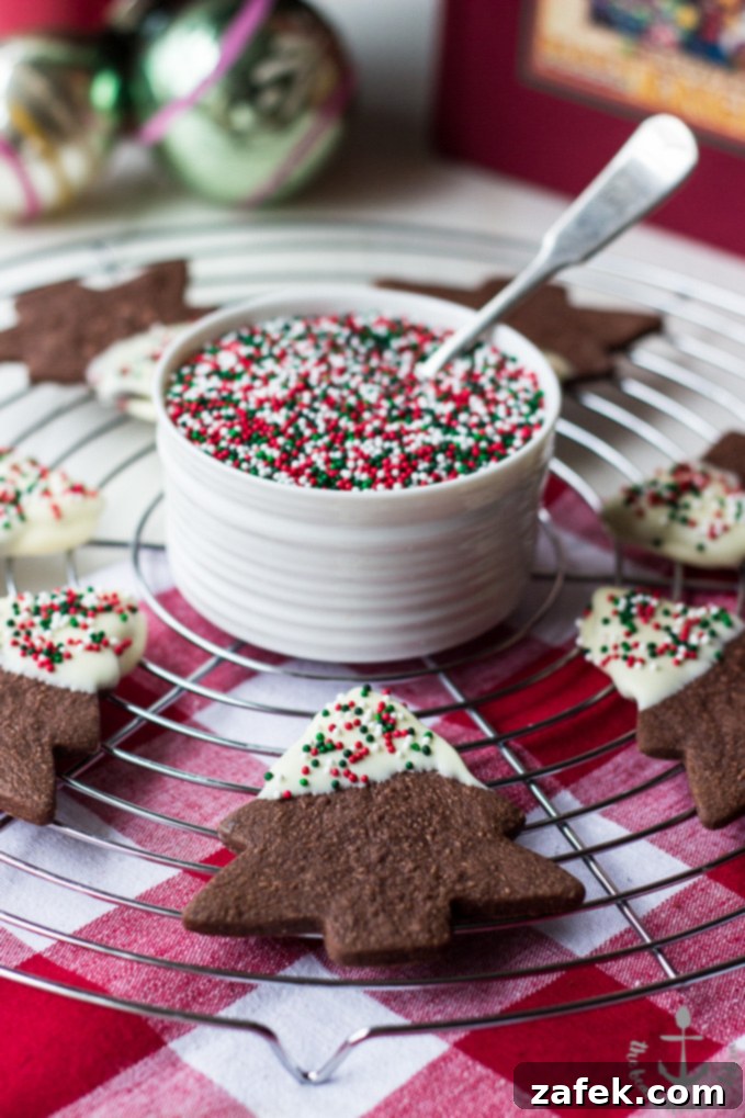White Chocolate Dipped Chocolate Shortbread Holiday Cutout Cookies