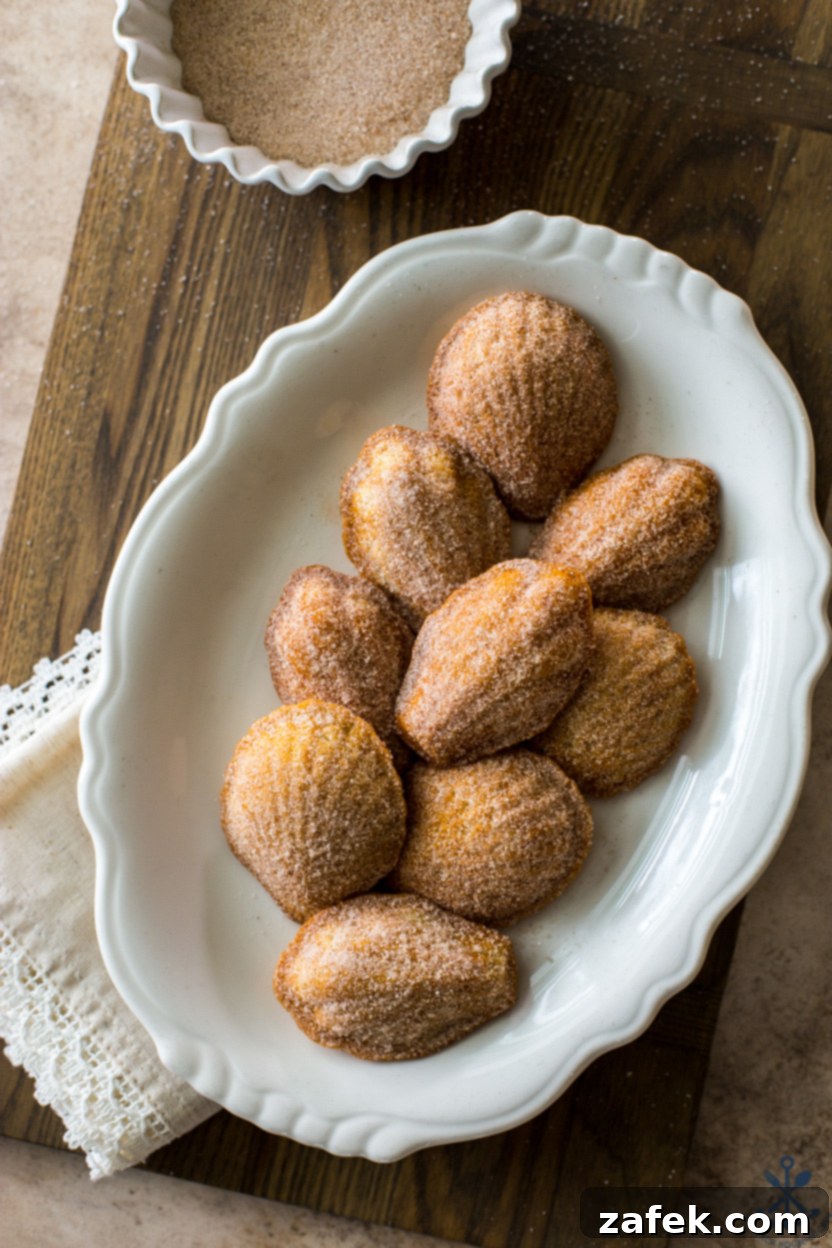 Overhead photo of a white oval plate of madeleine cookies, perfectly baked and golden.