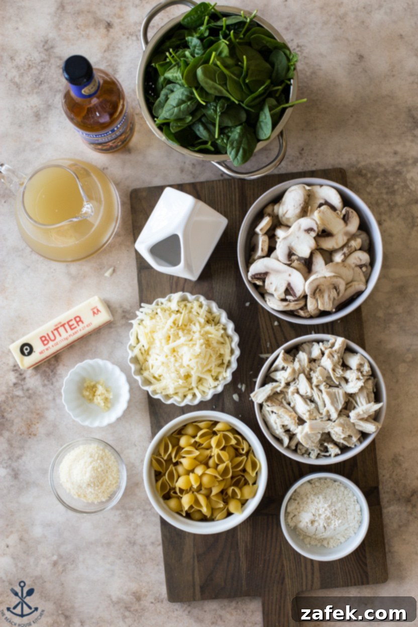 One-Pan Turkey Tetrazzini 4 Overhead photo of ingredients for turkey tetrazzini
