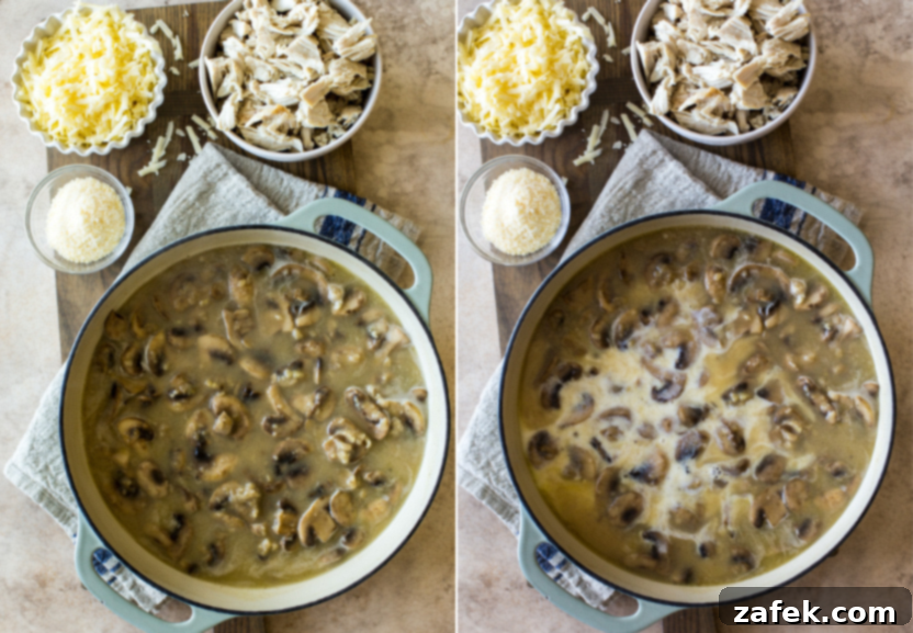 One-Pan Turkey Tetrazzini 6 Diptich of a skillet filled with mushrooms and broth and mushrooms and broth and milk