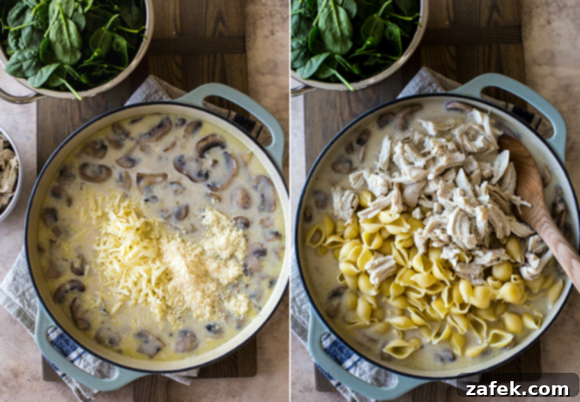One-Pan Turkey Tetrazzini 7 Diptich of mushroom sauce topped with cheeses and mushroom sauce topped with pasta and shredded turkey