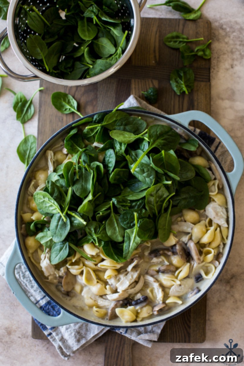 One-Pan Turkey Tetrazzini 8 Overhead photo of a deep skillet filled with pasta and turkey topped with spinach leaves