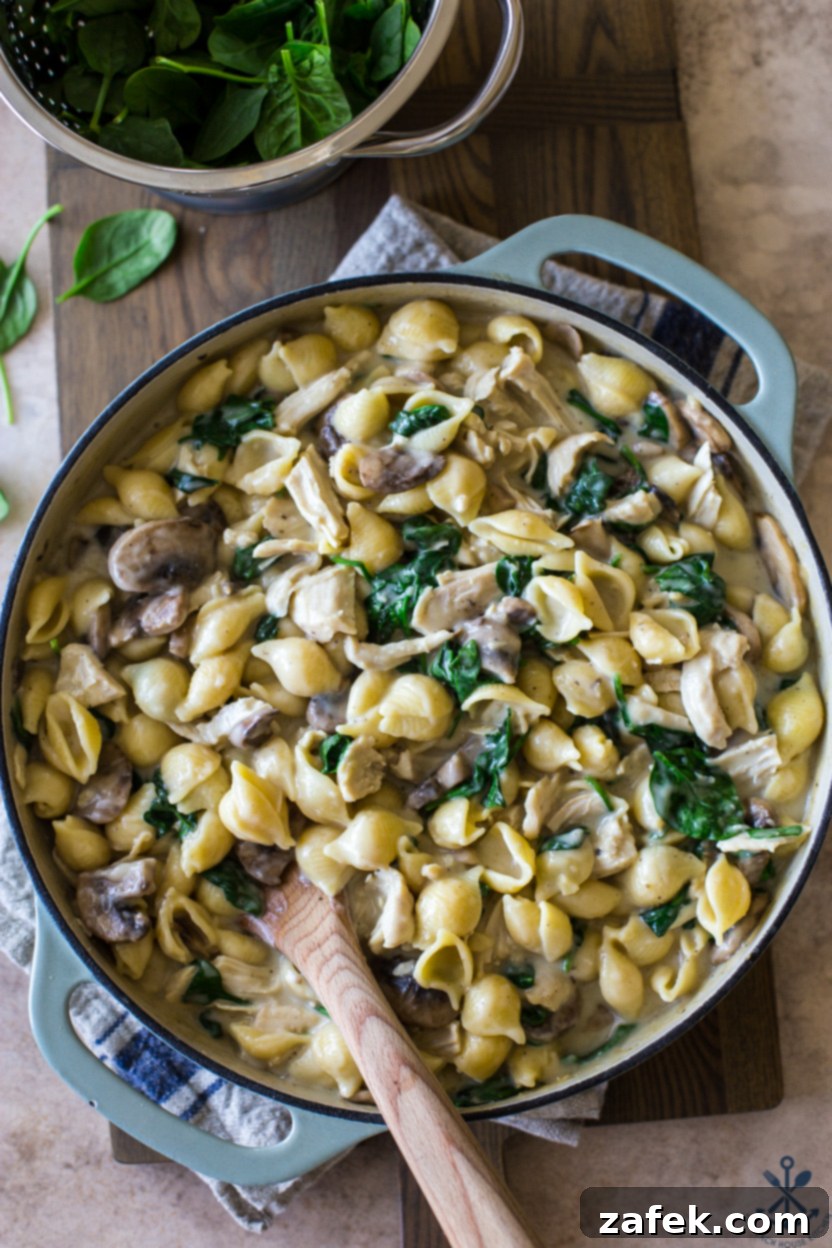 One-Pan Turkey Tetrazzini 9 Overhead photo of a skillet filled with turkey tetrazzini