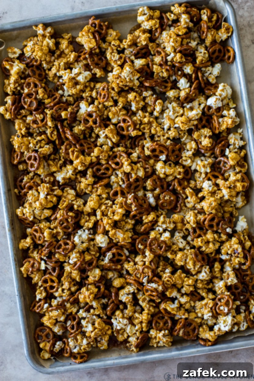 Gourmet Gingerbread Caramel Pretzel Popcorn 3 Up close overhead photo of Gingerbread Caramel Pretzel Popcorn