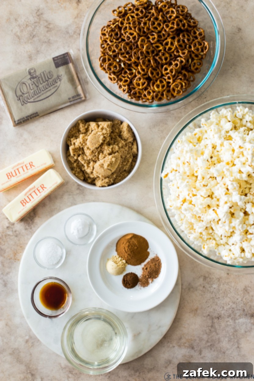 Gourmet Gingerbread Caramel Pretzel Popcorn 4 Overhead photo of Gingerbread Caramel Pretzel Popcorn