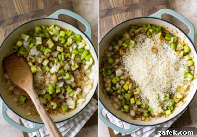 A Taste of Home: Mum's Chicken and Rice 8 Diptych showing two sequential cooking stages in a large skillet: on the left, diced celery and onion are sautéing to tenderness; on the right, basmati rice has been added to the softened vegetables, ready to be coated and cooked further.
