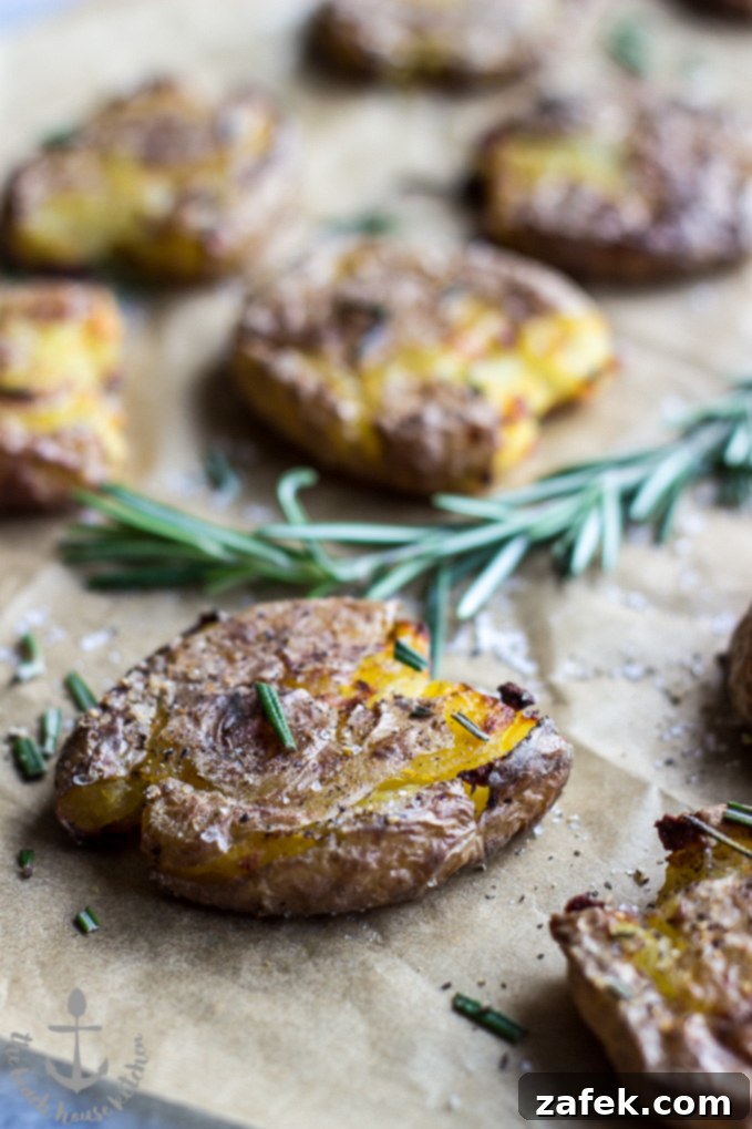 Roasted Smashed Potatoes - Golden and crispy on a baking sheet