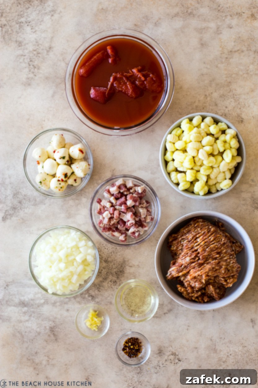 Overhead photo of ingredients for a pasta dish, including gnocchi, pancetta, sausage, tomatoes, and mozzarella.