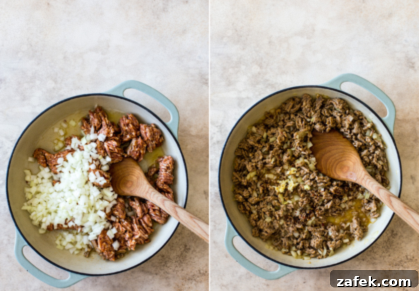 Diptych showing raw bulk Italian sausage and onions in a skillet on the left, and cooked, browned sausage and softened onions on the right.