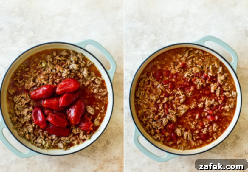 Diptych showing a skillet with browned sausage, onions, and whole San Marzano tomatoes on the left, and the same skillet with tomatoes crushed into a simmering sauce on the right.