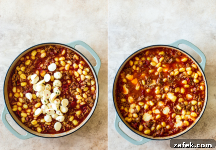 Diptych showing cooked gnocchi and pancetta stirred into the red sauce topped with fresh mozzarella balls on the left, and the finished baked skillet dish with melted cheese on the right.
