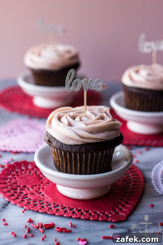 Valentine's Chocolate Cupcakes with Strawberry Buttercream Frosting - Decadent and Romantic