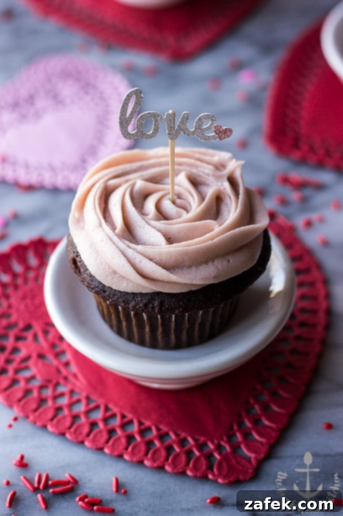 Valentine's Chocolate Cupcakes with Strawberry Buttercream Frosting - Close up of Cupcakes