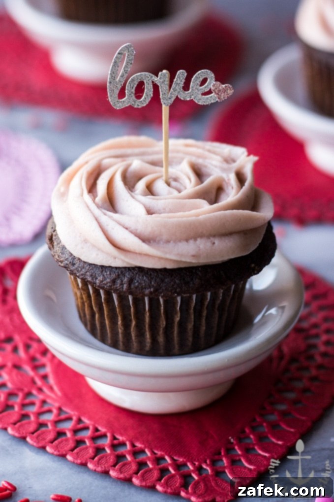 Valentine's Chocolate Cupcakes with Strawberry Buttercream Frosting - Top View
