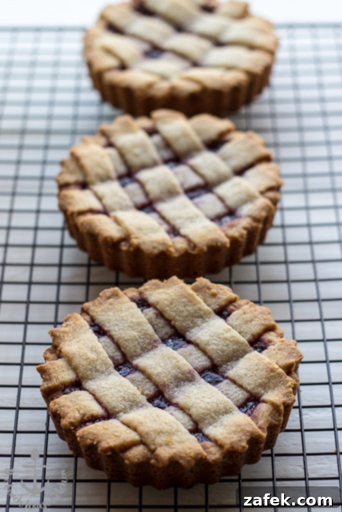 A pair of Miniature Linzer Tortes ready to be served, dusted with powdered sugar.