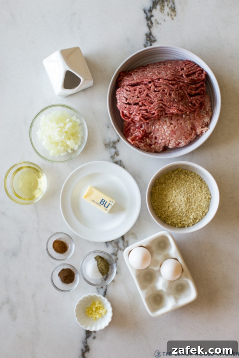 Overhead photo showcasing all the fresh ingredients needed for Swedish Meatballs
