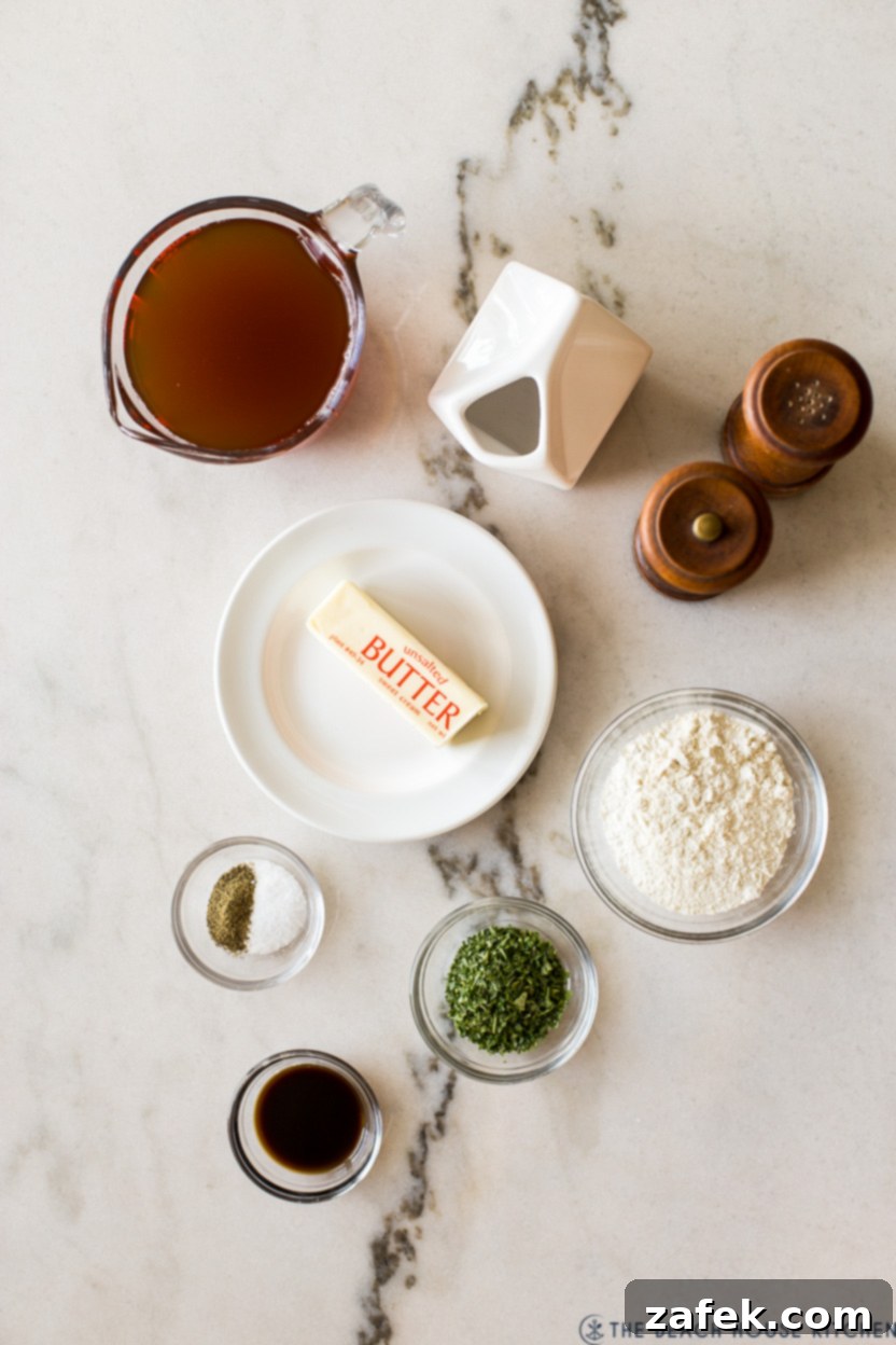 Overhead photo of various ingredients for Swedish meatballs, neatly arranged on a counter