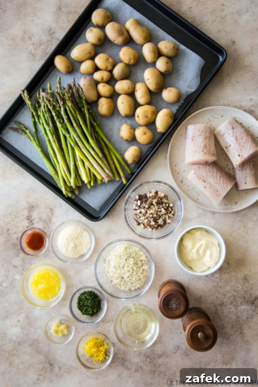 Effortless Sheet Pan Mahi Mahi with Crispy Potatoes and Asparagus 3 Overhead photo of ingredients for mahi mahi sheet pan meal with asparagus and potatoes