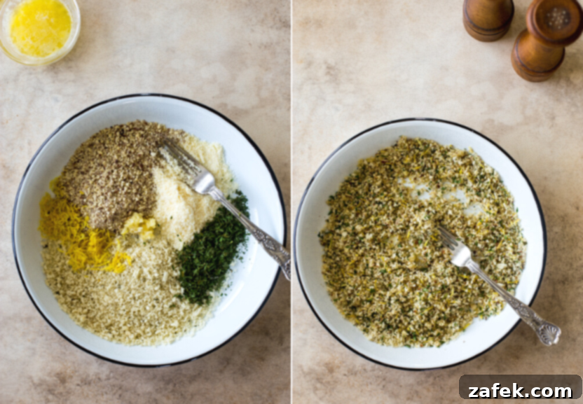 Effortless Sheet Pan Mahi Mahi with Crispy Potatoes and Asparagus 4 Diptich of dish filled with pre-mixed fish topping ingredients and mixed topping ingredients