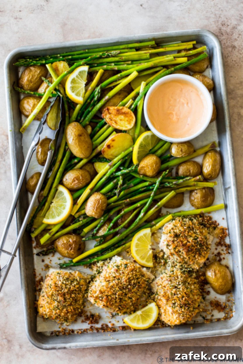 Effortless Sheet Pan Mahi Mahi with Crispy Potatoes and Asparagus 7 Overhead photo of Mahi Mahi Potato and Asparagus Sheet Pan Meal