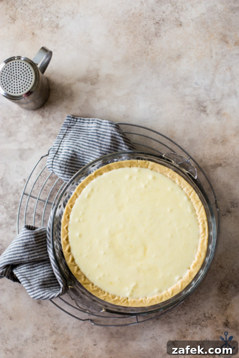 Tangy Lemon Chess Pie 5 Overhead photo of a Lemon Chess Pie just out of the oven, showing its golden-brown crust and lightly set, pale yellow filling.