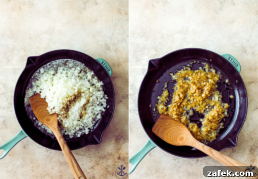 Diptich of a skillet with onions cooking on one side and a close-up of beautifully cooked, caramelized onions on the other
