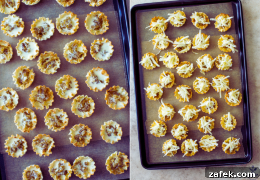 Diptich showing a tray of uncooked onion soup bites with filling on one side and the same bites topped with shredded cheese on the other