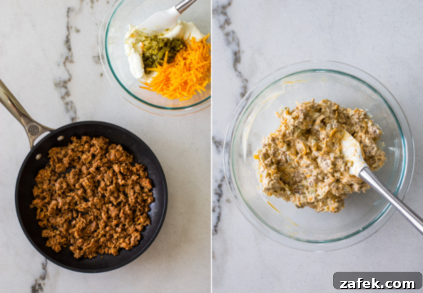 Exquisite Bacon-Wrapped Stuffed Pork Tenderloin 5 Diptych showing the butterflied pork tenderloin being spread with the chorizo and cream cheese stuffing on one side, and then being rolled up on the other side